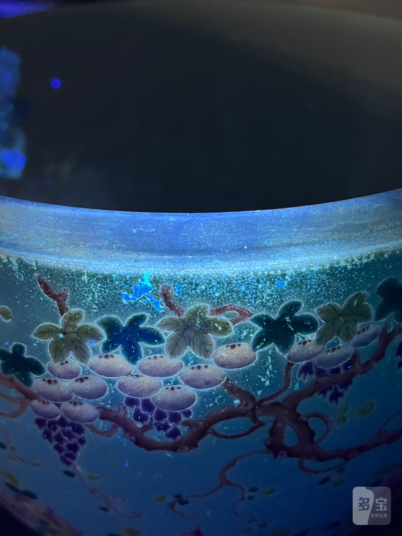 清宣统  松石绿地粉彩藤萝葡萄画眉纹鼓式盖罐 - 图26